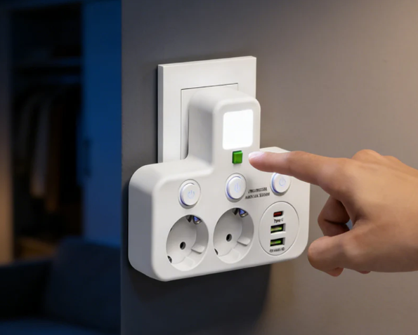 Adaptateur Prise EU 4-en-1 avec Interrupteurs Indépendants & Veilleuse Intégrée
